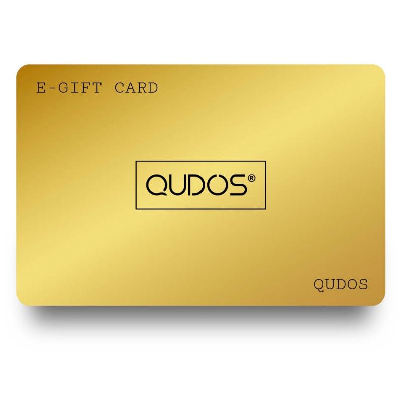 Picture of gold card with Qudos written in black in the middle, E-GIFT CARD and QUDOS written in top left and bottom right corner of the card respectively.