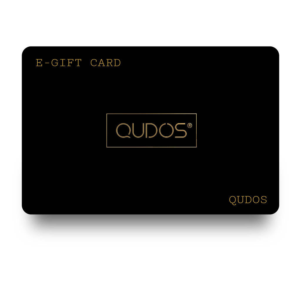 Black god with Qudos written in gold in the middle, with E-GIFT CARD and QUDOS written in top left and bottom right corner respectively
