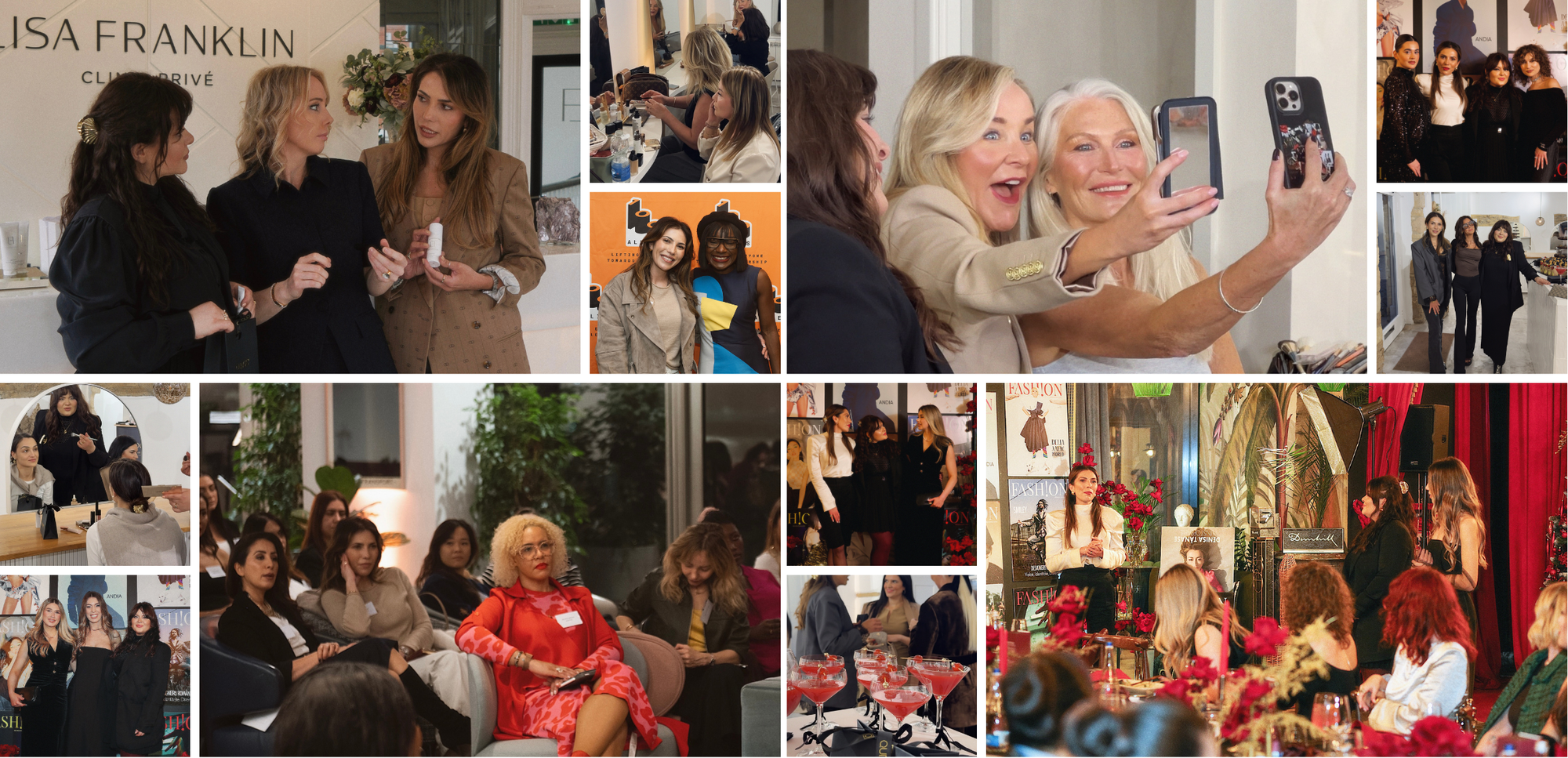 Collage of women in various Qudos event  settings, including a business meeting and social gatherings.